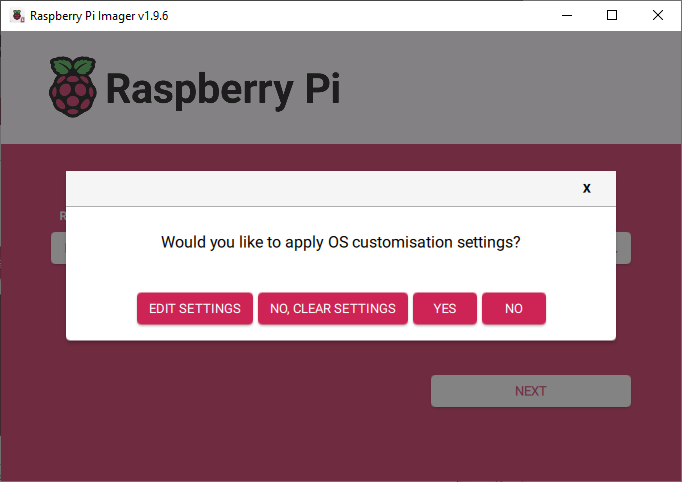 The Raspberry Pi Imager OS customisation dialog