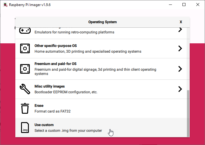 The Use custom entry in the Raspberry Pi Imager operating system list