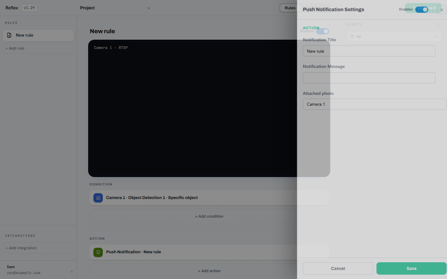 The Push Notification action panel