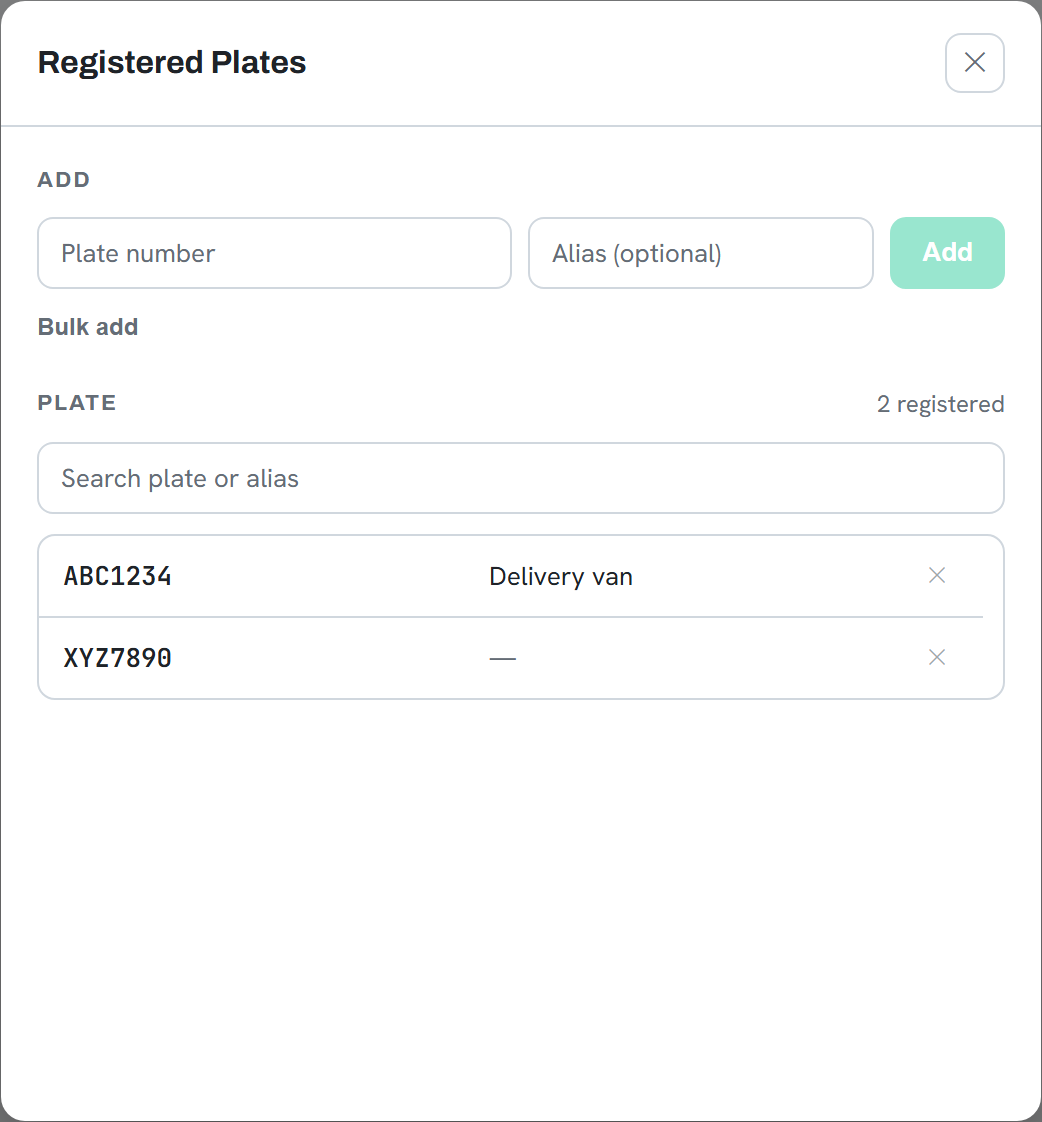 The Registered Plates panel with plate and alias fields
