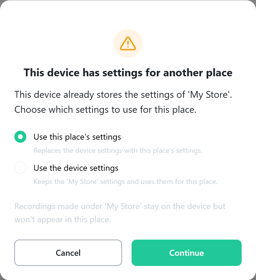 The "This device has settings for another place" window