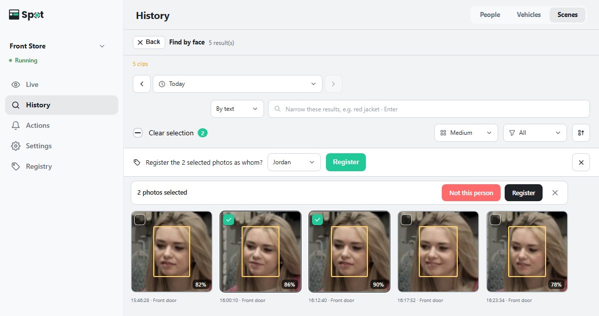 Two photos checked in face search results, with the row asking whom to register them as
