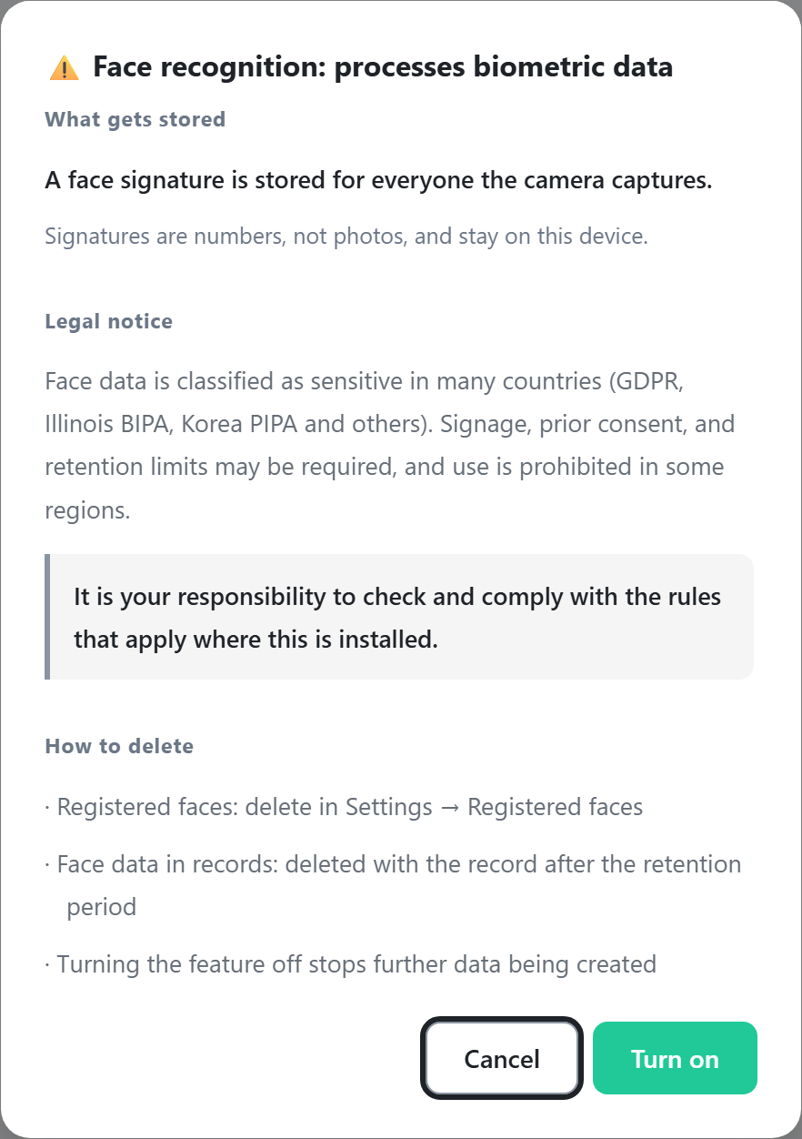 The biometric data notice shown when enabling face recognition