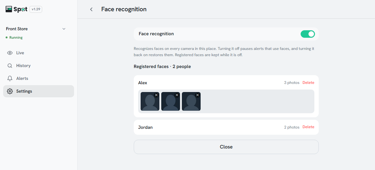 The Face recognition screen in Settings