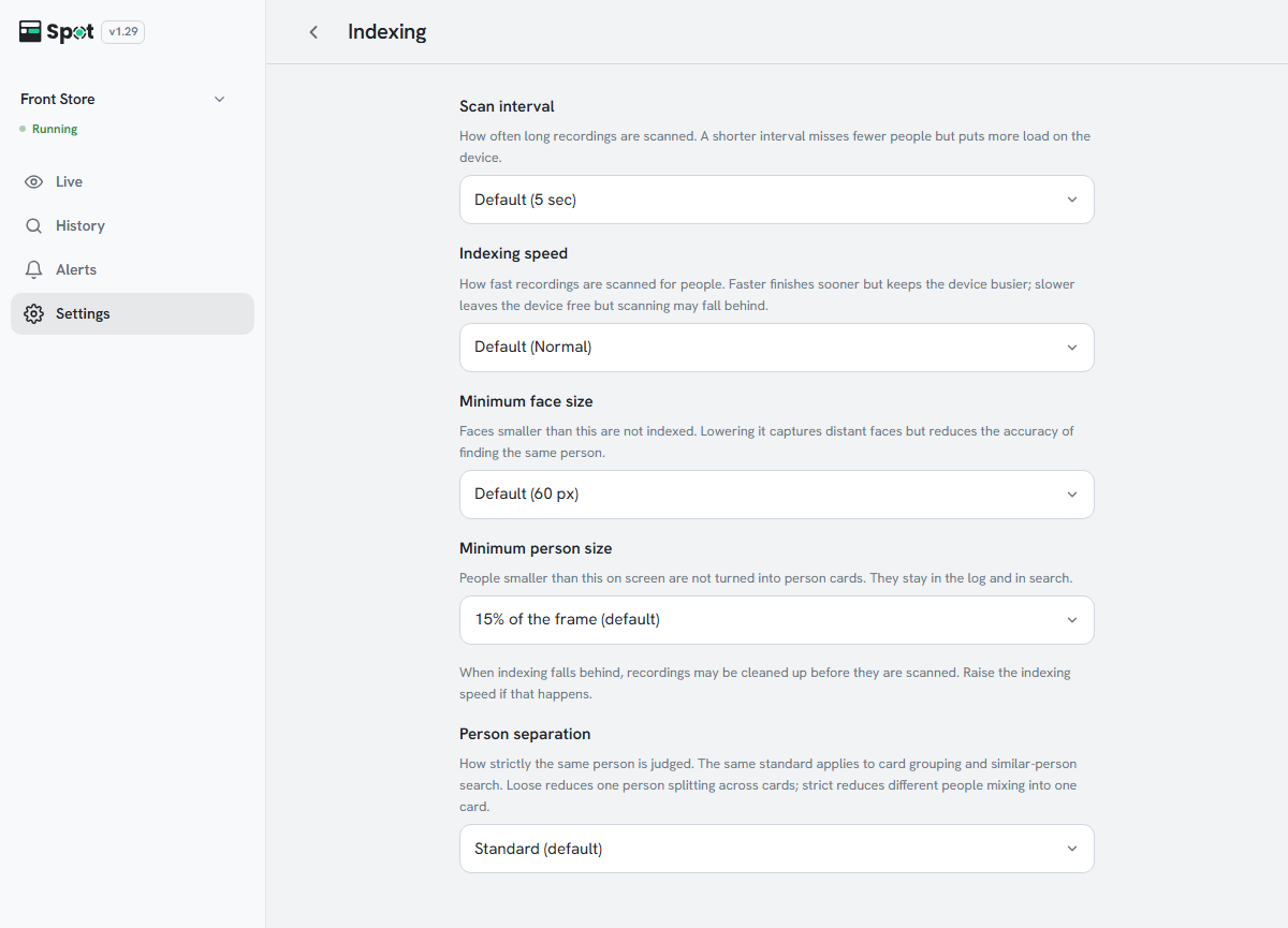 The Indexing screen