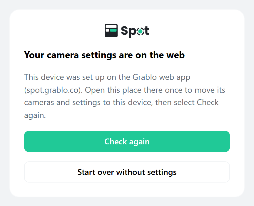The "Your camera settings are on the web" notice