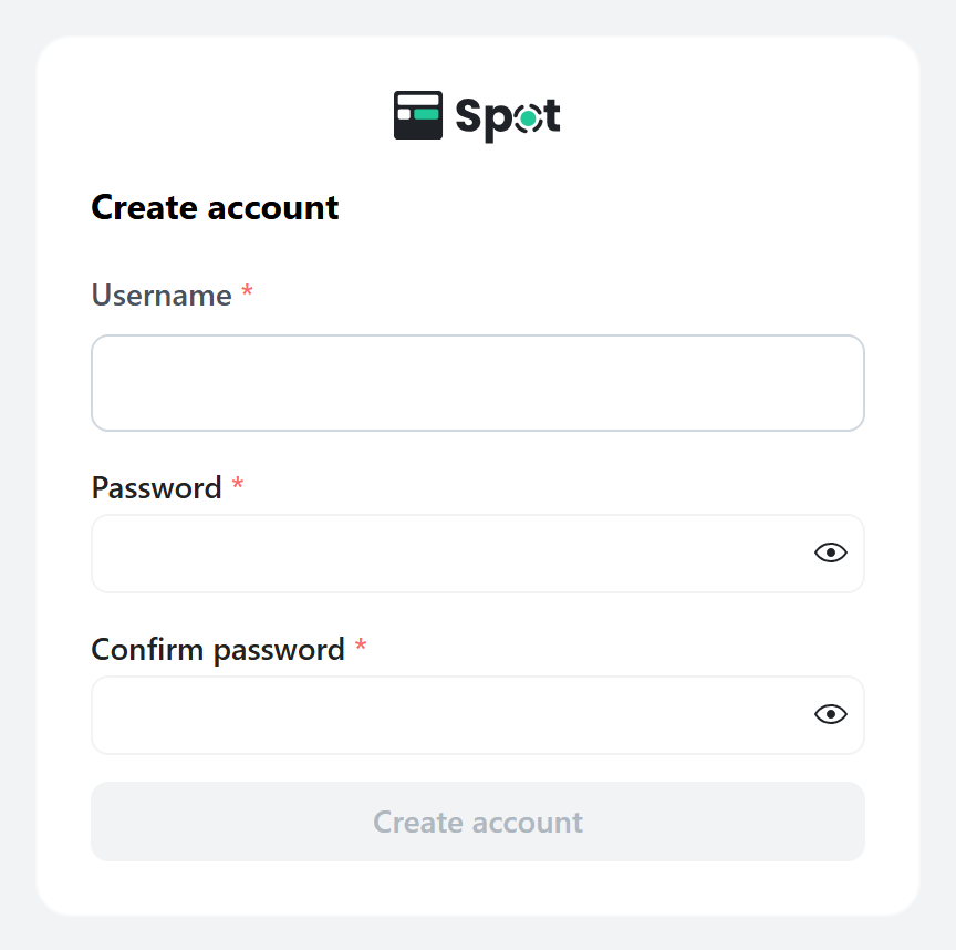 The Create account screen on the local screen