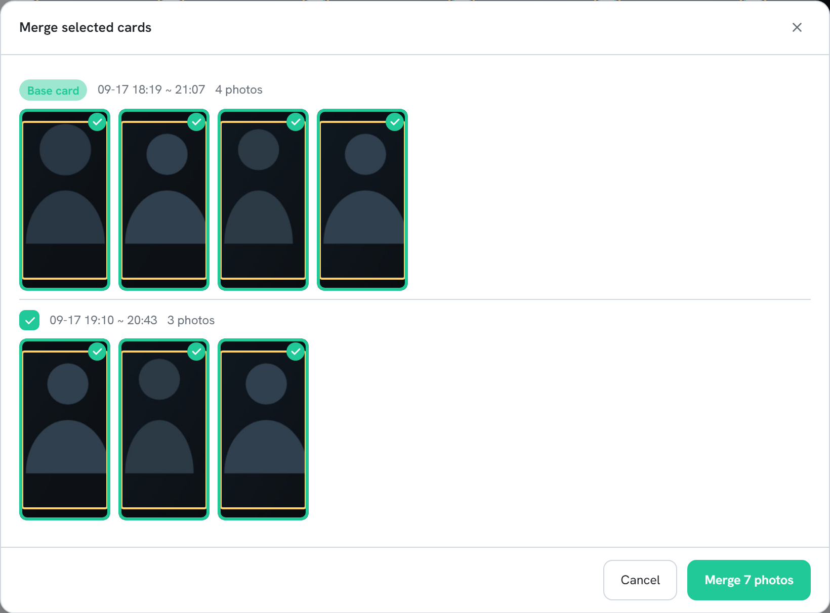 The Merge selected cards window