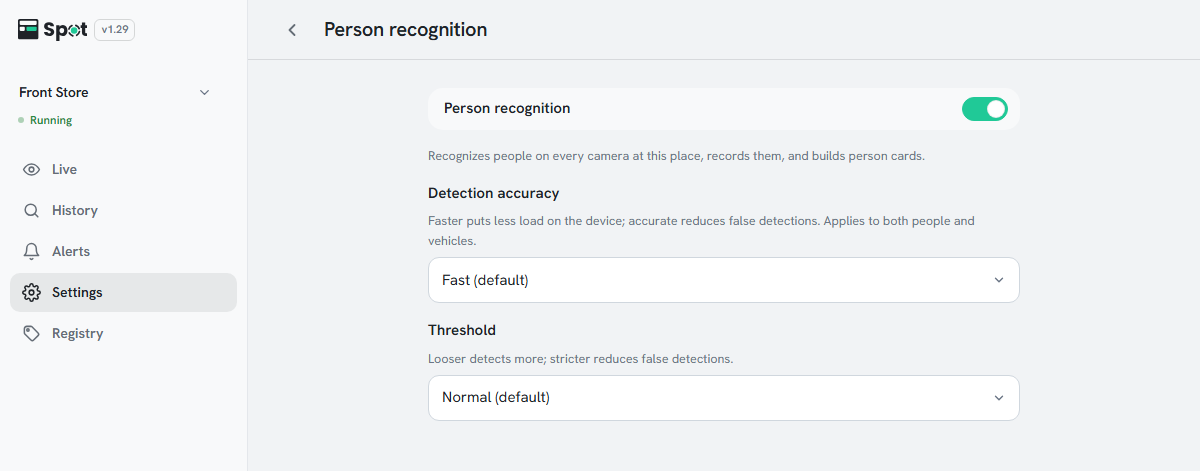 The Person recognition screen