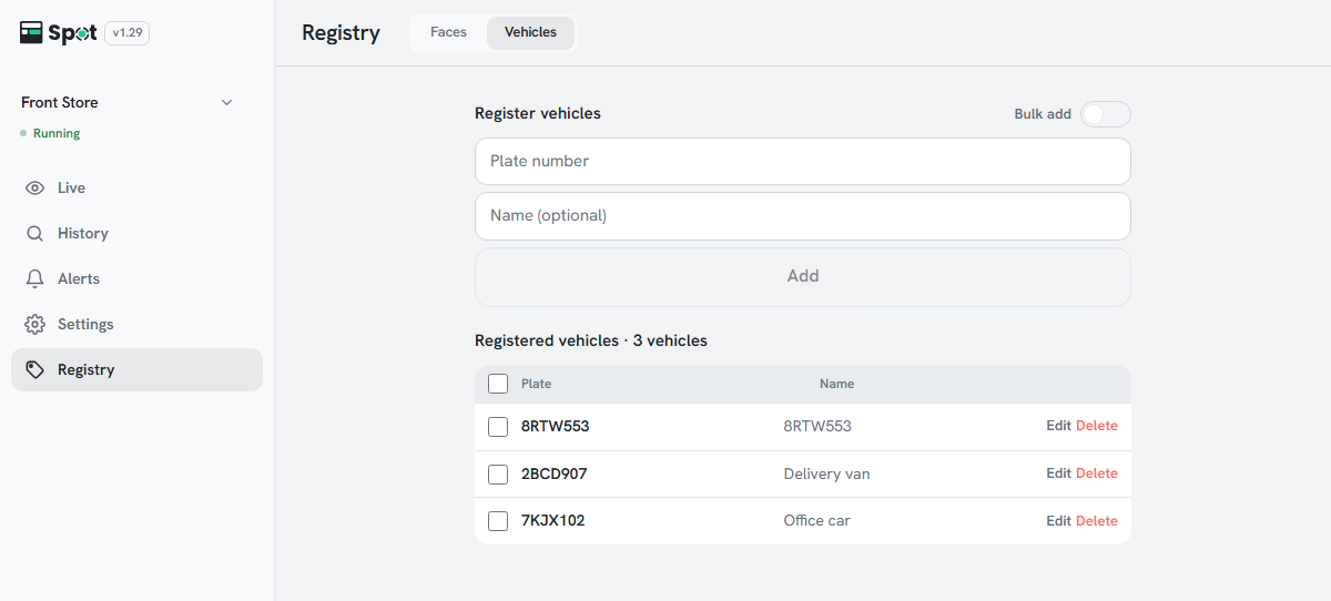 Vehicle registration and the registered vehicles list on the Registry tab