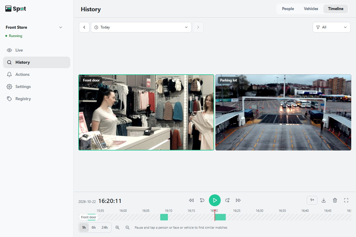 The timeline of the History tab: a grid of camera tiles above playback controls and the time bar
