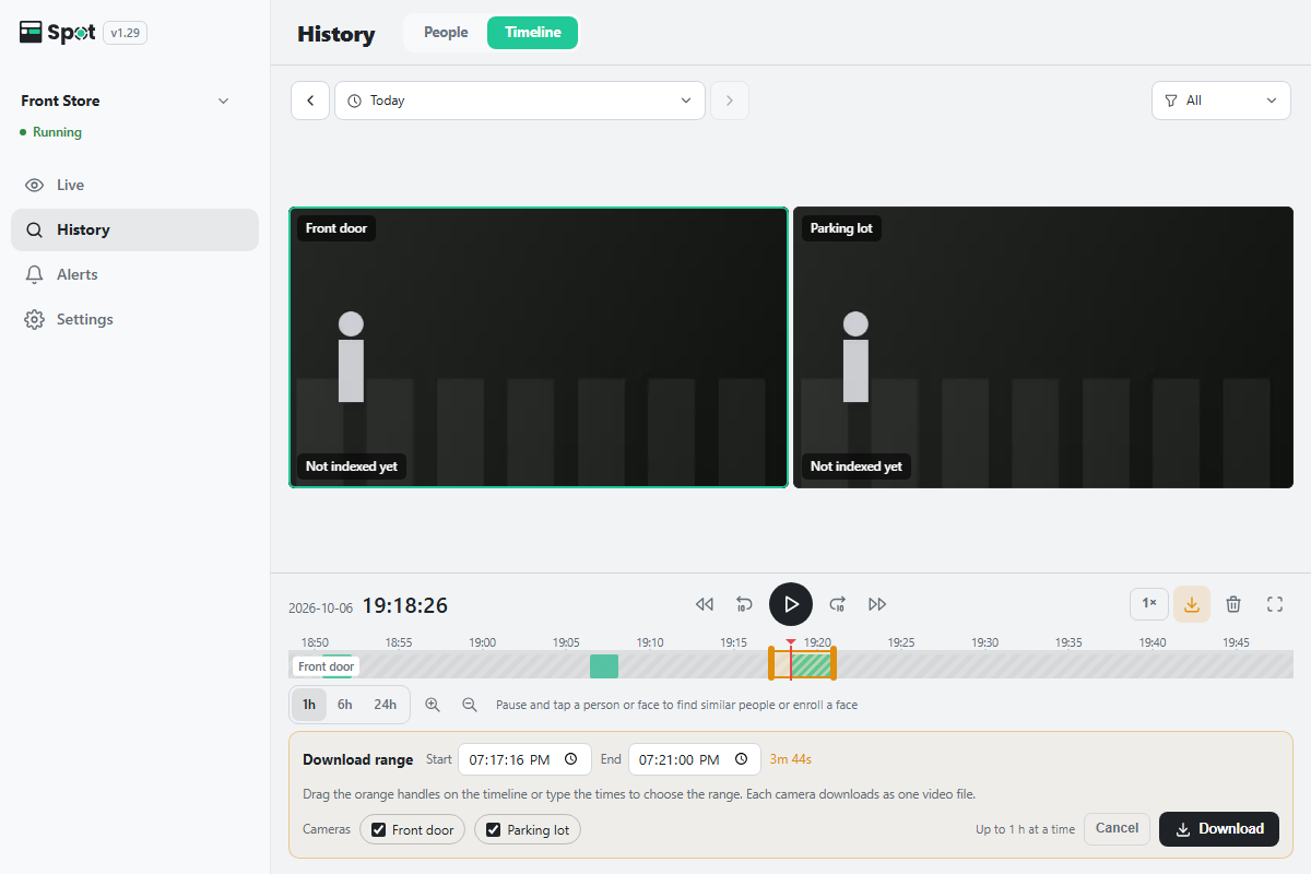 The Download range panel open on the timeline, with start and end times, camera checkboxes, and orange handles on the time bar