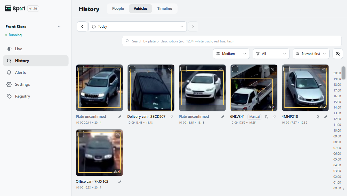 The vehicle card list on the History tab