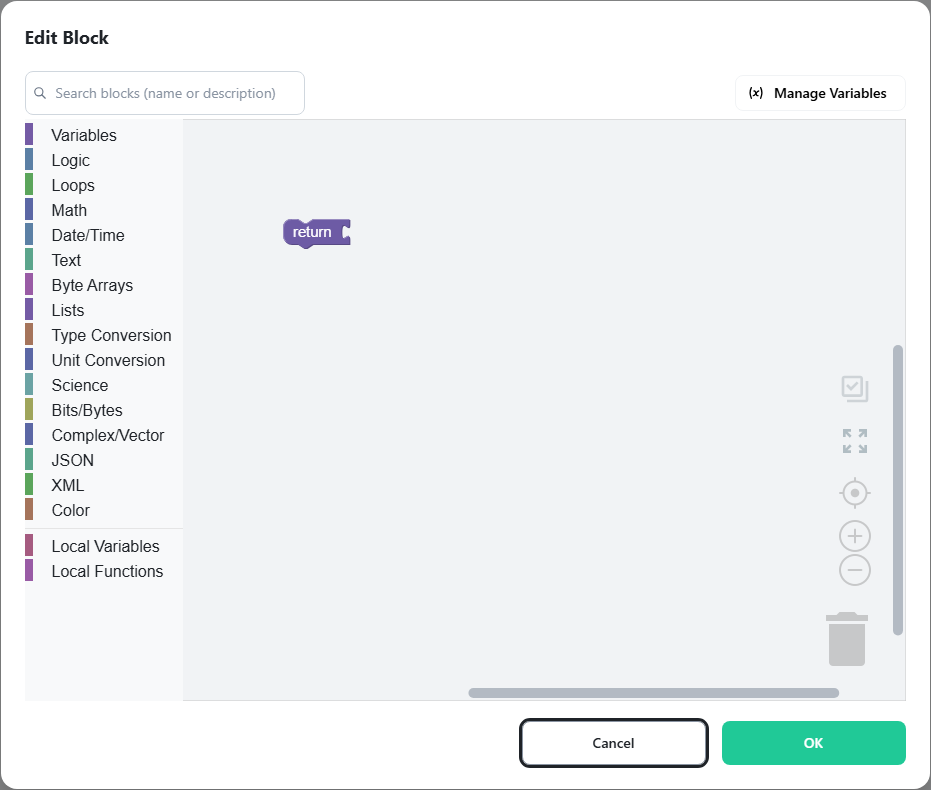 The Edit Block dialog with the toolbox, workspace, and return block
