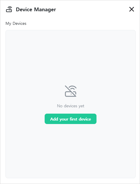 The empty Device Manager list with the Add first device button
