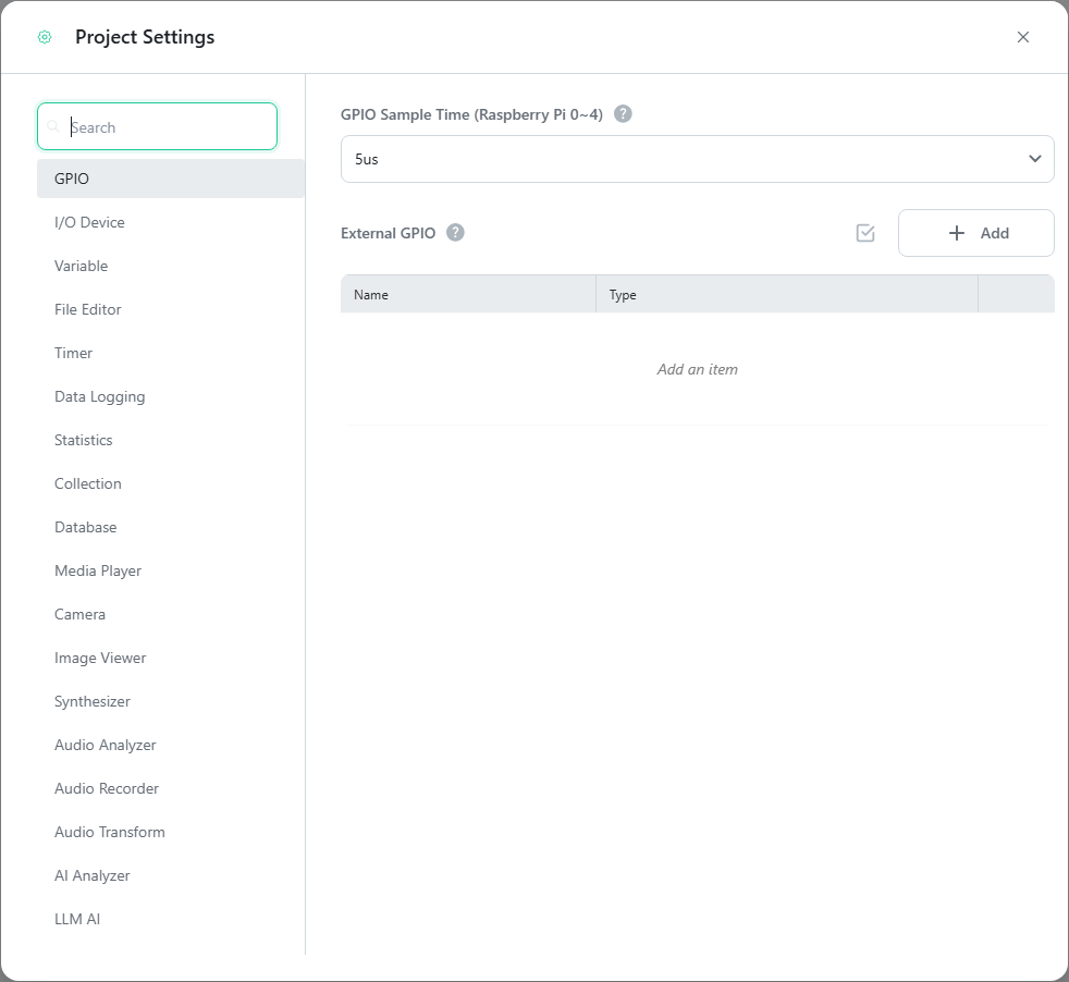 The Project Settings dialog with the menu list on the left and the GPIO tab on the right