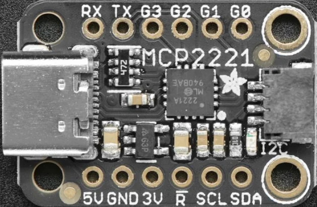 MCP2221A 모듈의 핀 라벨 RX, TX, G3, G2, G1, G0, 5V, GND, 3V, R, SCL, SDA