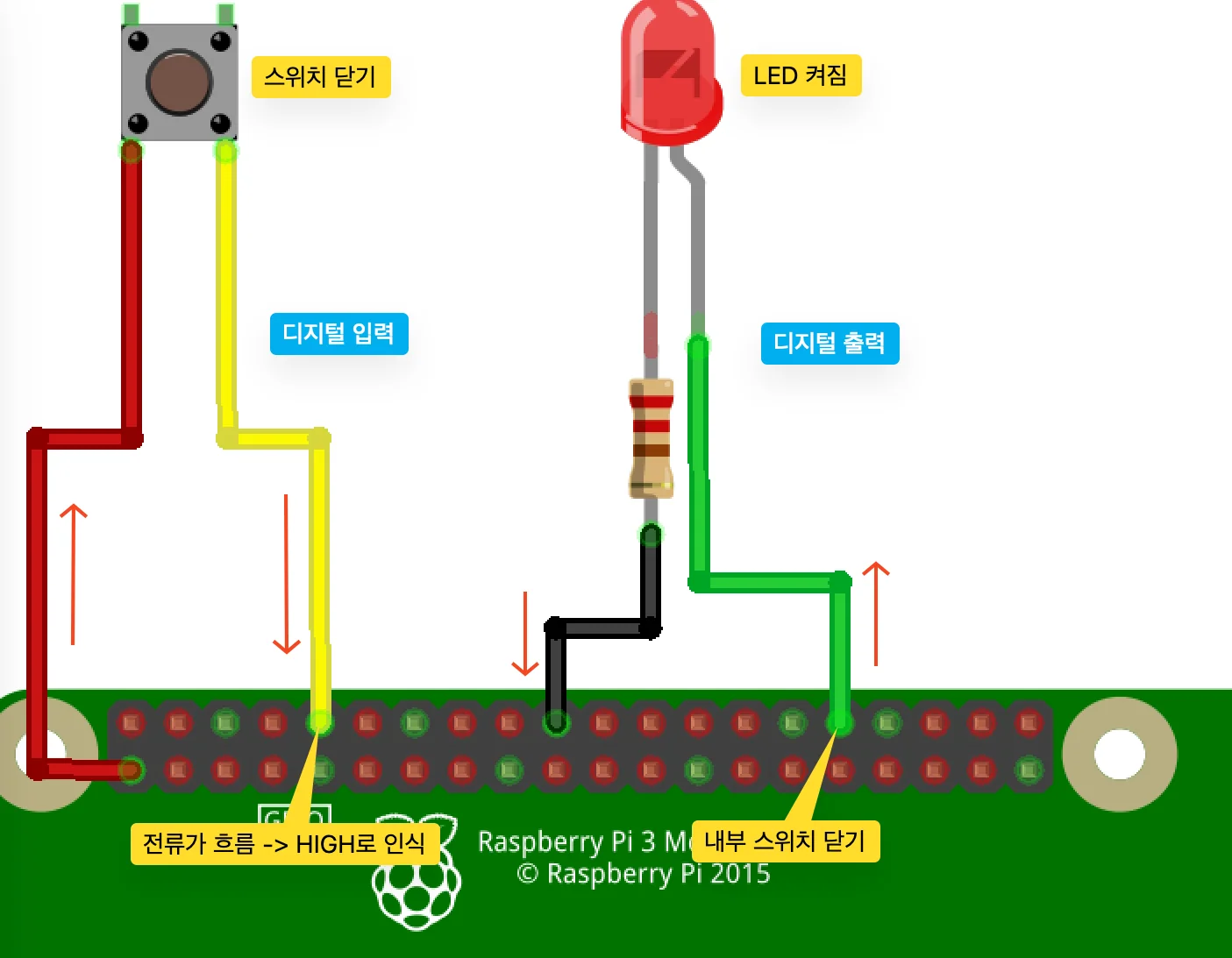 라즈베리파이에 푸시버튼(디지털 입력)과 저항을 단 LED(디지털 출력)를 연결한 배선도