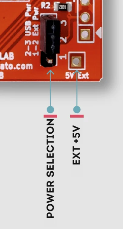 NUMATO USB-GPIO 의 전원 선택 점퍼(POWER SELECTION)와 외부 5V 입력 핀(EXT +5V) 위치