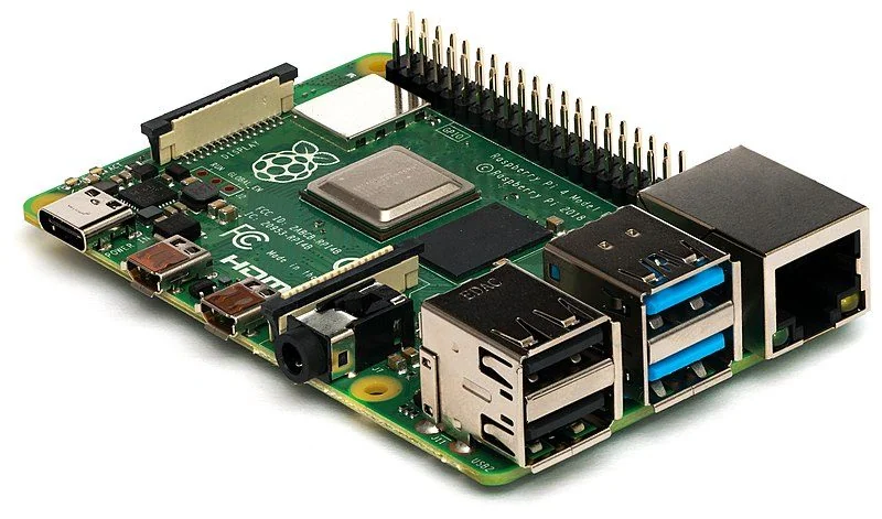 A Raspberry Pi board with USB ports, an Ethernet port, and the 40-pin GPIO header