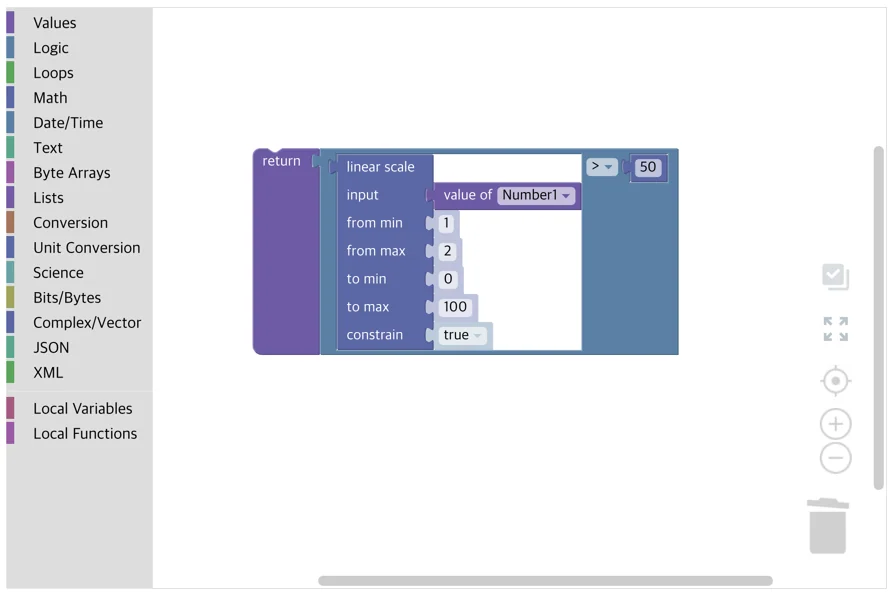 A custom condition example in which the linear scale of Number1 compared with 50 is connected to the return block