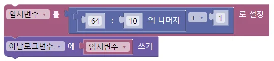 임시변수에 64 나누기 10 의 나머지에 1 을 더한 값을 설정하고, 그 값을 아날로그변수에 쓰는 두 블록을 상하로 연결한 예