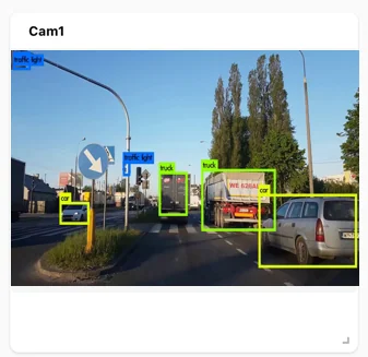 A camera widget showing a road scene with object detection boxes overlaid
