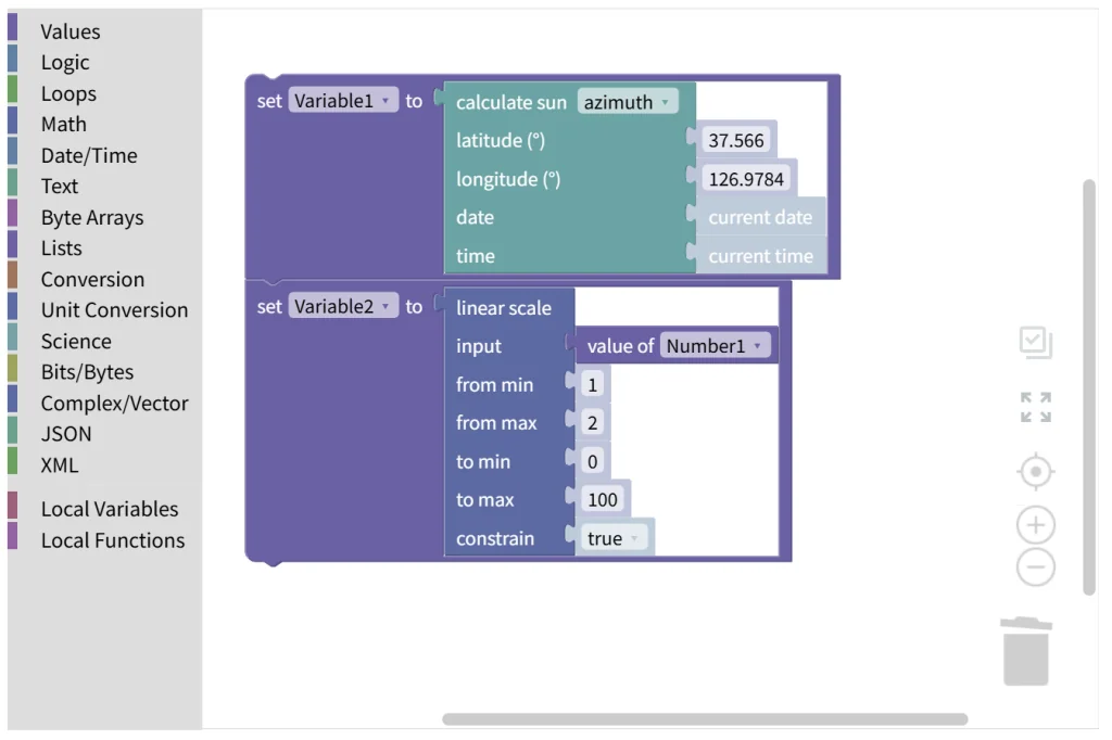 Block editor of a custom action with two set-variable blocks that calculate the sun azimuth and a linear scale and write the results to variables
