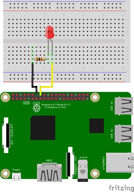 라즈베리파이 GPIO 핀에 저항과 빨간색 LED 를 브레드보드로 연결한 배선도