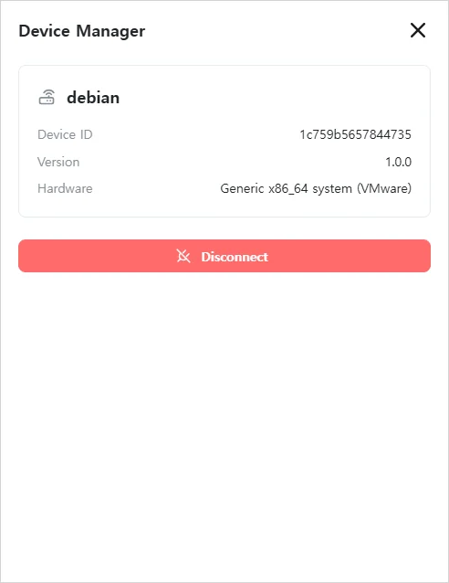 The Device Manager window showing the connected device's ID, version, and hardware, with a Disconnect button