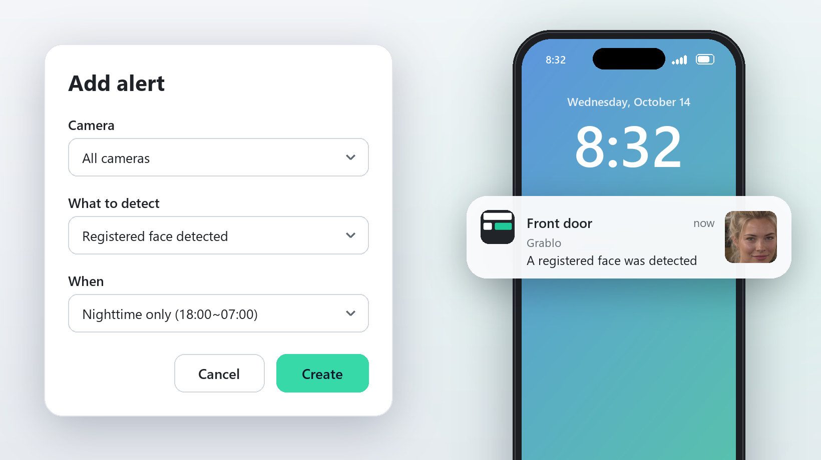 Left, the Add alert dialog where you choose a camera, what to detect, and when. Right, the alert on a phone lock screen when a registered face is detected.