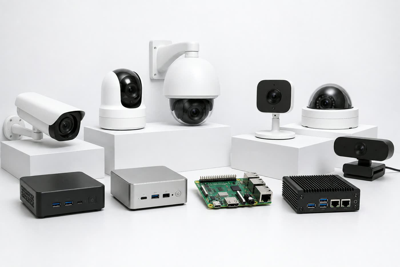 Hardware used with Grablo Spot: several types of CCTV cameras, a USB webcam, mini PCs, and a Raspberry Pi.